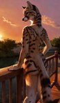 anthro cloud detailed_background detailed_fur female fur markings nude outside plant realistic rear_view solo solo_focus stable_diffusion sunset tan_body tan_fur water gopossum genet mammal viverrid detailed