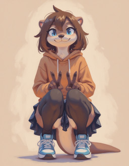 anthro blue_eyes bottomwear brown_hair clothing convenient_censorship crouching female footwear gesture hair hoodie looking_at_viewer ruffled_skirt shoes skirt smile sneakers solo topwear upskirt v_sign verbotenvertex mammal mustelid otter hi_res