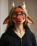 ambiguous_gender anthro big_ears blonde_hair blue_eyes ears_down eyewear glasses green_eyes hair heterochromia horn long_hair looking_at_viewer nostrills open_mouth pivoted_ears red_body red_scales scales smile solo white_horn yellow_body yellow_scales zipper_hoodie nealime nealime_kenna dragon hi_res portrait