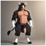 animal_genitalia anthro balls big_balls big_penis black_body black_fur bovid_horn bovine_horn equine_genitalia flaccid fur genitals hair horn looking_at_viewer male muscular muscular_male nude pecs penis simple_background solo white_body white_fur mozhan bovid bovine cattle mammal hi_res