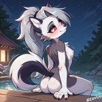 anthro breasts female fur hair hot_spring looking_at_viewer nipples nude onsen presenting seductive smile solo water white_body white_fur nenvul helluva_boss loona_(helluva_boss) canid canid_demon canine canis demon hellhound mammal wolf hi_res