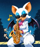 anthro breasts clothing eyeshadow eyewear female makeup musical_instrument night sitting solo suit sunglasses tan_body tan_skin wings unknown_director sonic_the_hedgehog_(series) rouge_the_bat chiropteran mammal absurd_res hi_res