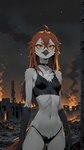 anthro beak bra breasts chest_tuft choker clothing feathers female fire hair jewelry long_hair messy_hair necklace night night_sky nipple_outline orange_eyes orange_sclera pupils red_hair ruins slim slit_pupils small_breasts solo standing tail_feathers thong tuft underwear white_body oldhroft avian bird owl hi_res