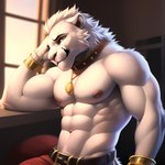 abs absurd_res anthro areola bedroom_eyes belt biceps bracelet bumblebee95 clothed clothing collar crotch_tuft felid fluffy fur hi_res jewelry lion looking_at_viewer male mammal midriff muscular narrowed_eyes navel nipples pantherine pecs seductive skimpy smile solo topless tuft white_body white_fur