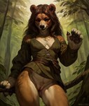 anthro belt belt_pouch bottomless clothed clothing denis0k dress female forest genitals handpaw hi_res mammal paws plant pussy smile solo tree ursid