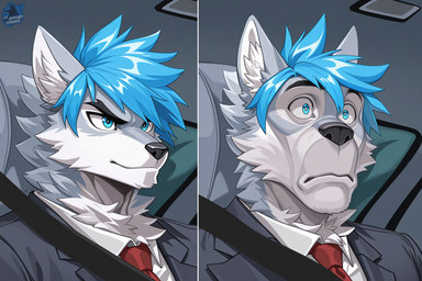 anthro black_nose blue_eyes blue_hair car clothed clothing eyebrows fur grey_body grey_fur hair inner_ear_fluff inside_car male neck_tuft necktie solo suit topwear tuft vehicle white_body white_fur thebigbradwulf meme_2026 brad_wulf_(thebigbradwulf) canid canine canis mammal wolf digital_media_(artwork) meme