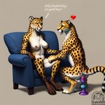 1:1 <3 anal anal_penetration anthro balls belly cheetah colored dildo dildo_in_ass dildo_insertion dildo_sitting dominant dominant_anthro dominant_female duo felid feline female feral fur furniture genitals hi_res male male/female male_penetrated mammal on_sofa penetration sex_toy sex_toy_in_ass sex_toy_insertion shabeel simple_background sitting sitting_on_sofa sofa spots spotted_body spotted_fur submissive submissive_male toy watermark white_belly yellow_body yellow_fur