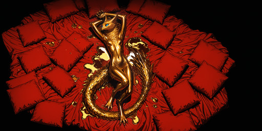 3_toes 5_fingers anthro arms_above_head beak bed_sheet bedding black_background blue_sclera breasts claws featureless_breasts featureless_crotch feet female fingers glistening glistening_body gold_(metal) goo_dripping head_turned long_tail looking_at_viewer lying neck_tuft on_back pillow puddle simple_background slim small_breasts solo tail toes tuft oldhroft avian goo_creature velari absurd_res hi_res