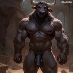 abs anthro balls black_penis flaccid genitals hair horn looking_at_viewer male muscular muscular_anthro muscular_male navel nipples pecs penis pubes solo theaifurden bovid bovine mammal hi_res signature