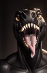 absurd_res ambiguous_species anthro black_body black_nose black_scales bodily_fluids brown_eyes cum cum_in_mouth cum_inside cum_on_face dinosaur female genital_fluids headshot_portrait hi_res light lighting long_tongue looking_at_viewer mouth_shot muscular muscular_female nude open_mouth open_smile portrait reptile scales scalie sharp_teeth shuffur smile solo teeth tongue tongue_out