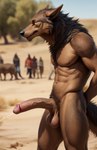 abs anthro athletic athletic_anthro background_character balls black_mane black_nose blurred_background brown_body brown_fur canid canine canis chilon249 day desert fluffy fluffy_tail fur genitals glans half-erect hands_behind_back humanoid_genitalia humanoid_penis long_penis male mammal mane navel nipples nude outside pecs peeing penis portrait pubes realistic side_view solo standing three-quarter_portrait vein veiny_penis wolf yellow_eyes yiffymix_(model)