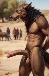 abs anthro athletic athletic_anthro balls big_balls big_penis black_mane black_nose blurred_background bodily_fluids brown_body brown_fur day desert erection fluffy fluffy_tail fur genital_fluids genitals glans half-erect hands_behind_back huge_penis humanoid_genitalia humanoid_penis long_penis male mane navel nipples nude outside pecs peeing penis pubes realistic saggy_balls side_view solo standing urine urine_stream vein veiny_penis yellow_eyes yiffymix_(model) chilon249 background_character canid canine canis mammal wolf portrait three-quarter_portrait