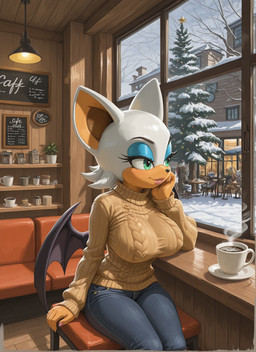 anthro beverage breasts chair clothing container cup detailed_background eyeshadow female fur furniture green_eyes lipstick makeup on_chair plant sitting sitting_on_chair solo sweater tan_body tan_skin topwear tree white_body white_fur window wings winter swiffer sega sonic_the_hedgehog_(series) rouge_the_bat bat mammal hi_res