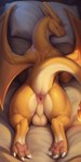 anus balls bed butt feet feral fire furniture genitals looking_at_viewer looking_back looking_back_at_viewer lying male on_front orange_body perineum presenting presenting_hindquarters raised_tail solo wings jibbs charizard dragon generation_1_pokemon pokemon_(species) reptile scalie