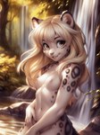anthro breasts felid female hair hi_res long_hair looking_at_viewer magacitl mammal nipples nude organs outdoors pantherine smile smiling_at_viewer snow_leopard solo solo_focus stomach waterfall white_hair