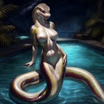 absurd_res anthro athletic breasts canineluvr19 female genitals hand_on_leg hand_on_thigh hi_res nipples non-mammal_breasts non-mammal_nipples pool pussy reptile scales scalie snake solo