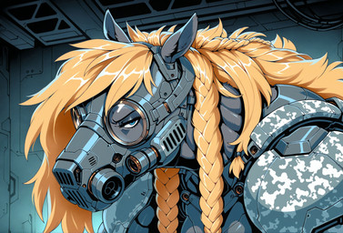 anthro armor black_body black_fur blonde_hair blue_eyes braided_hair camo female fur furrowed_brow gas_mask hair mask solo anonymous_director clydesdale draft_horse equid equine horse mammal absurd_res hi_res