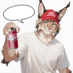 5_fingers anthro baseball_cap beverage black_body black_claws black_eyes black_fur black_nose black_pawpads blep blue_eyes bottle brown_body brown_fur can claws clothing container ear_tuft fangs fingers fur green_eyes grey_body grey_eyes grey_fur hat headgear headwear holding_beverage holding_bottle holding_can holding_container holding_object male monster_energy_can one_eye_closed orange_body orange_eyes orange_fur pawpads pink_nose pink_tongue root_beer shirt simple_background soda spots spotted_body spotted_fur striped_body striped_fur stripes t-shirt teeth text tongue tongue_out topwear tuft white_background white_body white_clothing white_fur white_shirt white_t-shirt white_topwear zaxxxer_(director) a&w coca-cola dr_pepper fanta meme_2026 monster_energy pepsi sprite cougar domestic_cat felid feline felis lynx mammal animated english_text hi_res short_playtime sound webm