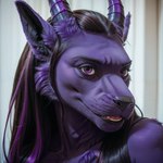 anthro black_hair black_nose chest_tuft curtain female fur hair highlights_(coloring) horn inner_ear_fluff looking_at_viewer open_mouth purple_body purple_eyes purple_fur purple_highlights solo teeth tongue tuft ilmpbx dragon furred_dragon hi_res