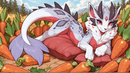 2026 black_horn carrot claws eyeliner female feral field food fur fur_markings gem horn leaf looking_at_viewer lying makeup markings mountains multicolored_body multicolored_fur mythology on_side pillow plant red_eyes smile smiling_at_viewer snafuw solo spiked_tail spikes spikes_(anatomy) tail thick_tail tree tuft vegetable wheat_field canid canine dragon fox hybrid mammal mythological_creature mythological_scalie scalie novafurryxl_(model)