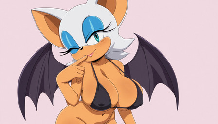 anthro bikini bikini_top clothing covered_nipples female finger_to_mouth one_eye_closed solo swimwear saransaran sega sonic_the_hedgehog_(series) rouge_the_bat bat mammal hi_res