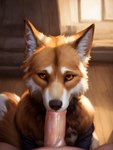 anthro black_nose canid canine detailed_background duo fellatio first_person_view fox fur genitals hi_res human human_on_anthro humanoid humanoid_genitalia humanoid_penis inside interspecies male male/male mammal oral orange_body orange_eyes orange_fur penile penis realistic sex smiley white_body white_fur