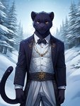 anthro belt black_body black_fur bowtie brown_eyes classy clothing forest fur looking_at_viewer male monotone_body monotone_fur plant smile snow solo standing suit tree winter yellow_sclera hamgas_(director) felid mammal pantherine