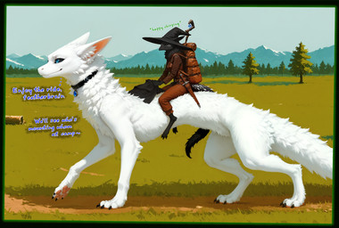 3_toes 4_toes all_fours anthro armor backpack beak black_body black_claws black_collar black_fur black_sclera blue_eyes border bottomwear breasts claws clothed clothing collar dagger digitigrade dirt_path duo eyebrows eyes_closed feet female feral fluffy fully_clothed fur gem grass grass_field holding_clothing holding_object inner_ear_fluff landscape leather leather_armor leather_clothing long_tail looking_forward mage_hat melee_weapon monotone_body monotone_fur mountains mythology neck_tuft pants pawpads plant quadruped riding_on_back sitting sitting_on_another slim small_breasts smile spots spotted_body spotted_fur staff text thick_tail toes tree tuft walking weapon white_body white_eyebrows white_fur oldhroft luna_(scalesai) shadow_(oldhroft) avian dragon furred_dragon mythological_creature mythological_scalie scalie velari english_text hi_res