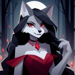 anthro black_hair clothing dress female fur grey_body grey_fur hair jewelry long_hair looking_at_viewer moon night plant red_clothing red_eyes smile solo tree white_body white_fur omgechounknown canid canine canis mammal vampire wolf hi_res