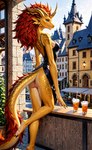 alcohol anthro beverage bottomless cafe clothed clothing cocktail dress female genitals looking_away pussy raised_leg solo street town denis0k dragon hi_res