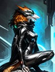 anthro black_clothing breasts cape chin_tuft clothing facial_tuft female fur futuristic futuristic_armor green_eyes hair medium_breasts messy_hair open_mouth orange_body orange_fur side_view sitting solo visor oldhroft sergal hi_res