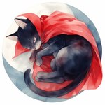 abstract_background ambiguous_gender black_body black_fur black_nose cloak clothing countershade_face countershading fangs feral fur moon paws red_clothing simple_background solo tail whiskers white_body white_countershading sappy_(director) felid feline mammal hi_res painting_(artwork) traditional_media_(artwork) watercolor_(artwork)