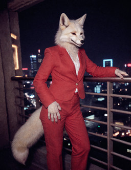 ambiguous_gender analogue_style anthro balcony film_grain film_photography_style realistic_fur realistic_lighting retro solo standing suit_jacket anonymous_director canid canine fox mammal hi_res