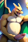 anthro balls belly bodily_fluids charizard fangs generation_1_pokemon genital_fluids genitals hi_res holding_penis male penis pokemon pokemon_(species) precum pup_tobey solo wings