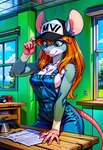 anthro baseball_cap breasts cleavage clothed clothing female fur furniture grey_body grey_fur hair hat headgear headwear inside long_hair orange_hair overalls side_boob solo table window carnivalecloudmuncher mammal mouse murid murine rodent hi_res