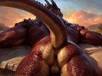 anthro anus backsack balls cloud dragon genitals lying male multicolored_body muscular muscular_male on_front outside perineum raised_tail scales scalie sky solo two_tone_body