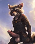 anthro balls big_penis bodily_fluids clothed clothing cloud erection genital_fluids genitals holding_penis humanoid_genitalia looking_at_viewer male mammal outdoors outside penis penis_through_fly poking_out precum procyonid raccoon rocket_raccoon sky smile solo unknown_director