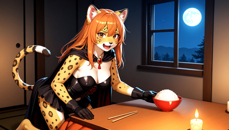 anthro artois_posting_service black_clothing black_dress black_gloves black_handwear bowl breasts candle chopsticks cleavage clothed clothing comfyui_(software) container countershading dress fangs female fire flatpiecexlvae_baseona1579_(vae) food full_moon fur furniture gloves hair handwear inner_ear_fluff inside jewelry leaning leaning_forward light long_hair looking_at_viewer markings moon nai-diffusion-4-5-full_(model) necklace night open_mouth orange_eyes orange_hair plant ponystandardvae_v10_(vae) realesrgan_x4plus_(upscaler) sdxl_vae_fp16_(vae) smile solo spots spotted_body spotted_fur table tail tail_markings teeth tree tuft wainsfwillustrious_(model) white_body white_fur window yellow_body yellow_fur crashbandit felid jaguar mammal pantherine digital_media_(artwork) prompt_metainfo