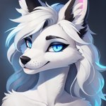 anthro auykac blue_eyes canid canine canis female fur hair hi_res jackal looking_at_viewer mammal smile smiling_at_viewer solo toony white_body white_fur white_hair