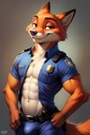 abs absurd_res anthro ascar attempted_signature bulge canid canine clothing fox hi_res looking_at_viewer male mammal muscular muscular_male nick_wilde police_uniform short_sleeves simple_background smile solo uniform zootopia