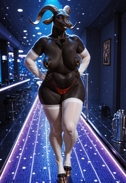 5_fingers anthro areola armwear bar belly big_nipples black_body black_fur black_lips black_nipples breasts camel_toe chest_tuft chubby_female clothing digitigrade elbow_gloves eyelashes eyeshadow female fingerless_gloves fingers fur glistening glistening_body glistening_fur gloves gold_(metal) gold_jewelry grin half-closed_eyes hands_on_hips handwear hooves horn inside jewelry lips looking_at_viewer makeup mature_female medium_breasts muscular_thighs narrowed_eyes navel nightclub nipple_piercing nipple_ring nipples piercing red_eyes ring_piercing sagging_breasts slightly_chubby smile smug smug_face smug_look solo teeth thick_thighs thong tuft underwear walking walking_towards_viewer wide_hips chamir136_(director) bovid caprine goat humanoid mammal full-length_portrait hi_res portrait