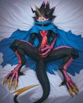 anthro anus bandai_namco bed bed_sheet bedding belt belt_buckle black_body black_sclera blue_clothing cape clothing collar_bell digimon digimon_ghost_game erection furniture genitals glowing glowing_eyes hand_on_penis horn lying lying_on_bed male on_bed penis solo spread_legs spreading unusual_anatomy unusual_genitalia unusual_penis purrfectlyai digimon_(species) gulusgammamon scalie absurd_res hi_res