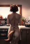 anthro appliance apron apron_only brown_body brown_fur brown_hair clothing cooking female food fur hair kitchen looking_away mature_female mostly_nude nude rear_view solo stove tail tomwa alpha_and_omega canid canine canis mammal wolf hi_res