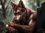 anthro bodily_fluids canid canine canis cemetery crying male mammal red_wolf showing_teeth solo tears tombstone wolf xeno