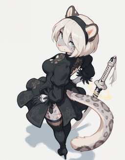 alternate_species anthro black_clothing blue_eyes clothing dress female fluffy fluffy_tail footwear fur furrification grey_body grey_fur high_heels inner_ear_fluff katana legwear looking_at_viewer melee_weapon pink_nose round_ears simple_background solo spots spotted_body spotted_fur stockings sword tuft weapon white_body white_fur verbotenvertex nier_automata felid mammal pantherine snow_leopard 2025 absurd_res hi_res