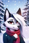 anthro black_body black_ears black_fur black_nose clothed clothing female fur hair helluva_boss looking_at_viewer nature plant red_eyes red_scarf scarf sky snow snowing solo sweater topwear tree two_color_fur white_body white_fur white_hair hardboildchicken loona_(helluva_boss) canid canid_demon demon hellhound mammal