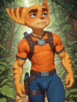 anthro athletic athletic_male belt blush bodily_fluids bottomwear bulge chest_harness clothed clothing fur gun harness holster holstered_pistol jungle male outside pants plant ranged_weapon shirt solo striped_body stripes sweat sweaty_body sweaty_face topwear tree weapon yellow_body yellow_fur ratori ratchet_and_clank ratchet lombax mammal hi_res