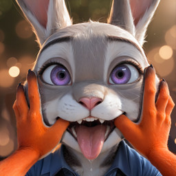 anthro anthro_on_anthro blurred_background bodily_fluids bokeh clothed clothing disembodied_hand duo female first_person_view fur grey_body grey_fur intersex interspecies looking_at_viewer male male/female multicolored_body multicolored_fur orange_body orange_fur purple_eyes rabbit_ears realistic saliva spreading teeth tongue tongue_out white_body white_fur abr98 disney zootopia judy_hopps lagomorph leporid mammal rabbit absurd_res hi_res portrait