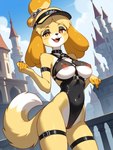 animal_crossing anthro bodily_fluids breasts claws clothing eyeshadow fangs female leotard looking_at_viewer makeup outside solo standing under_boob reythedragon bel isabelle_(animal_crossing) canid canine canis domestic_dog mammal hi_res