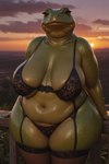 anthro arm_support balcony belly big_breasts breasts clothing cloud curvy_figure eyelashes female glistening glistening_body green_body lingerie looking_at_viewer navel orange_eyes outside overweight overweight_female plant solo sun sunset thick_thighs voluptuous wide_hips amphibian frog absurd_res half-length_portrait hi_res portrait